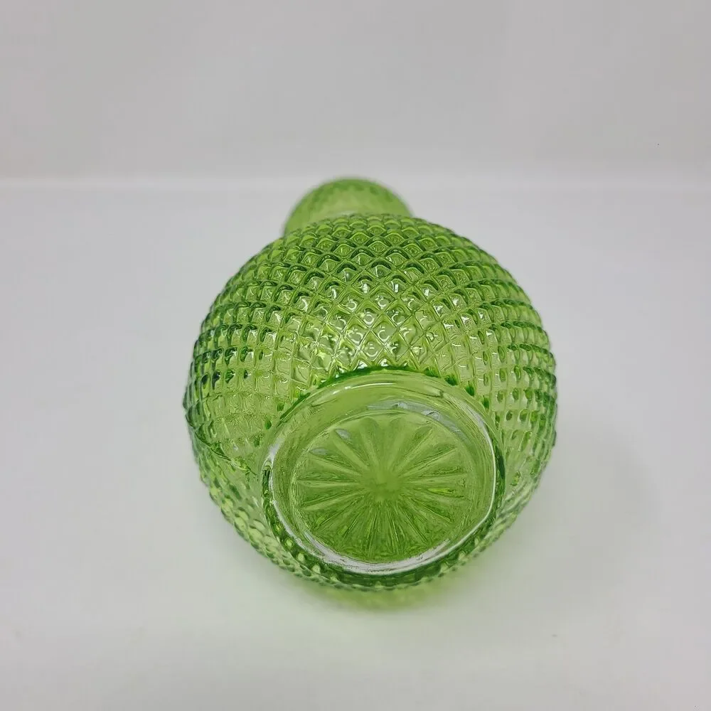 Vintage MCM Green Glass Genie Bottle Decanter Diamond Cut Textured 1970s